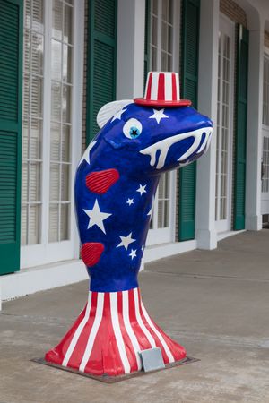 A colorful and audaciously decorated street catfish figure in Belzoni, Mississippi