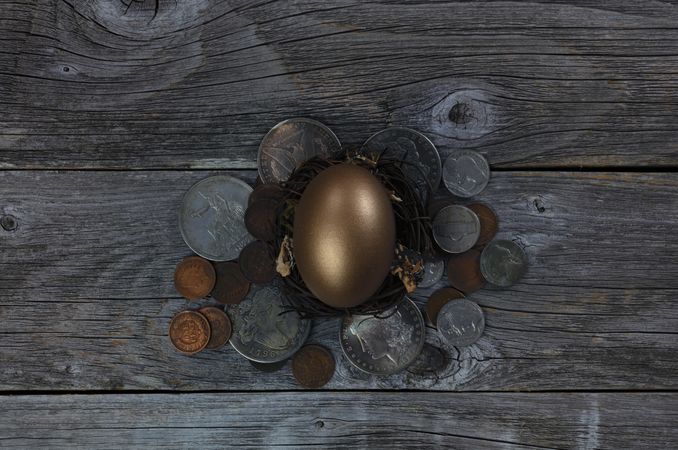 Golden egg with vintage coins on old wood