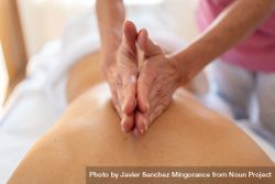 Close up of hands of physical therapist working on client's back 432xBg