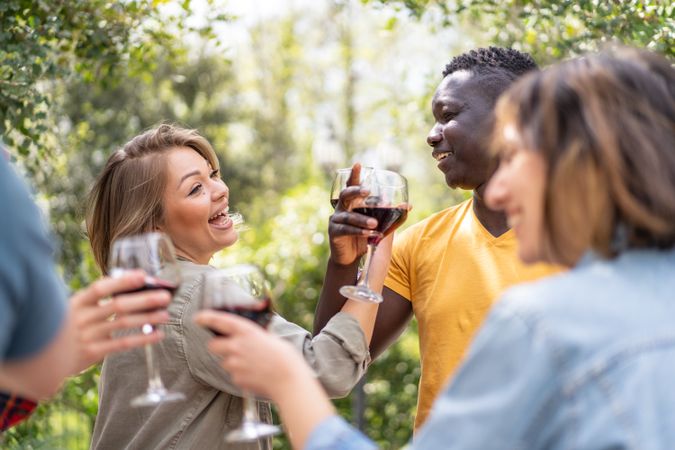 A group of friends toasting with red wine glasses at an outdoor gathering