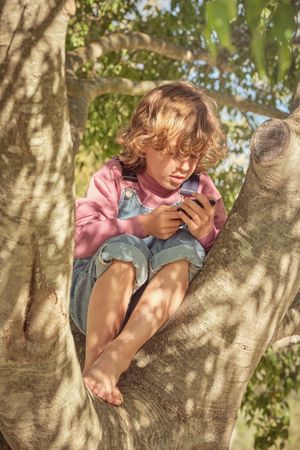 Little boy sitting on tree trunk