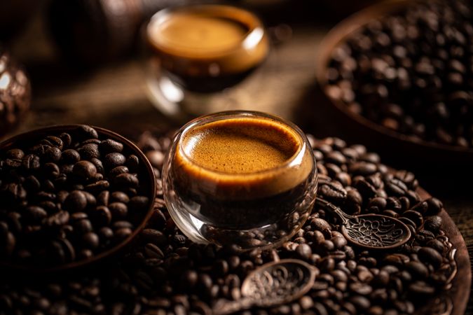 Coffee still life with espresso and beans