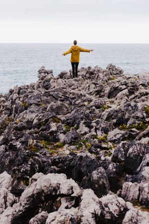 Traveler in solitude walking on rocky shore