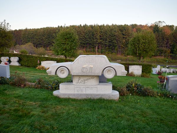 Granite tombstone of race car  at the Hope Cemetery, Barre, Vermont