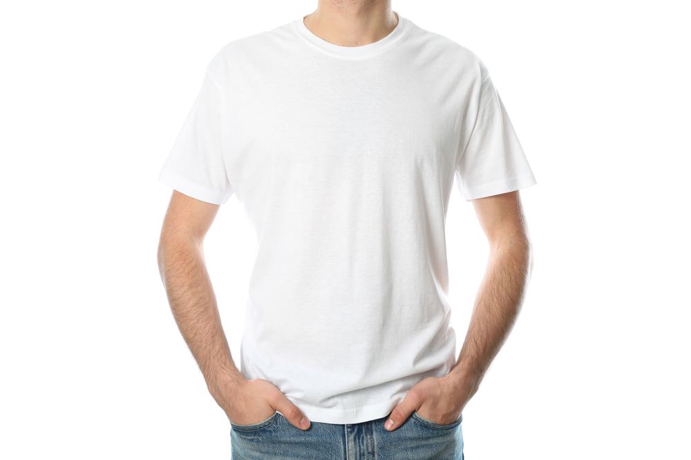 Men in blank t-shirt isolated on plain background, space for text