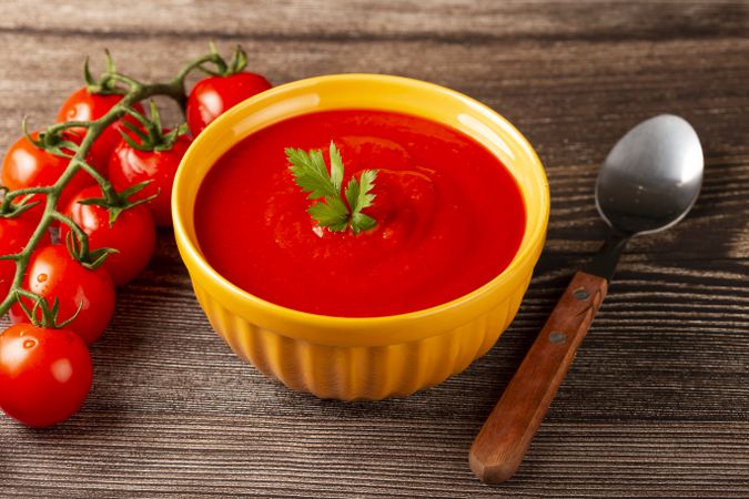 Delicious homemade tomato soup in bowl.