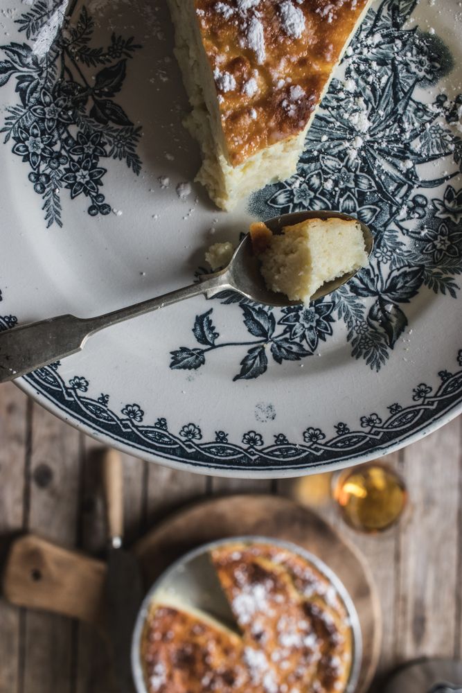 Cottage cheese pudding and glass of cognac