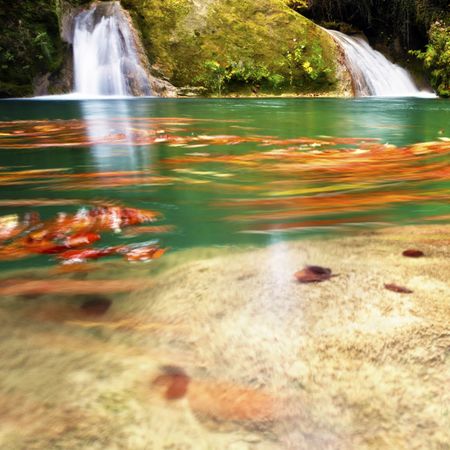 Water of reservoir with golden leaves in long exposure