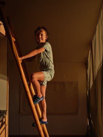 Smiling boy climbing wooden ladder