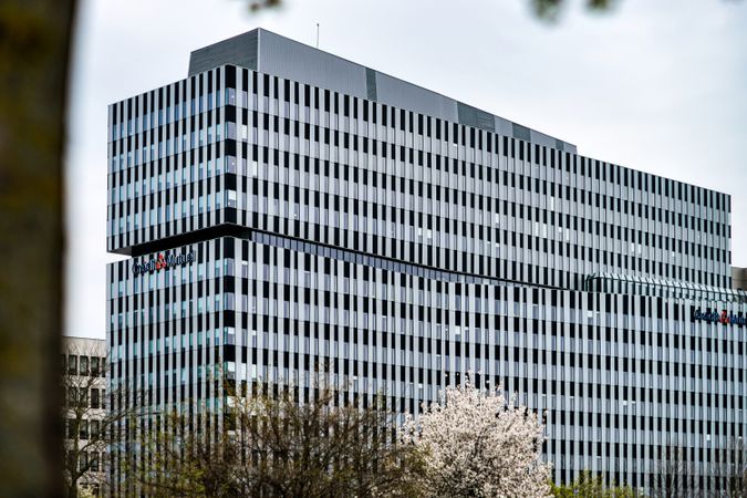 New modern large glass and concrete buildings in Strasbourg.