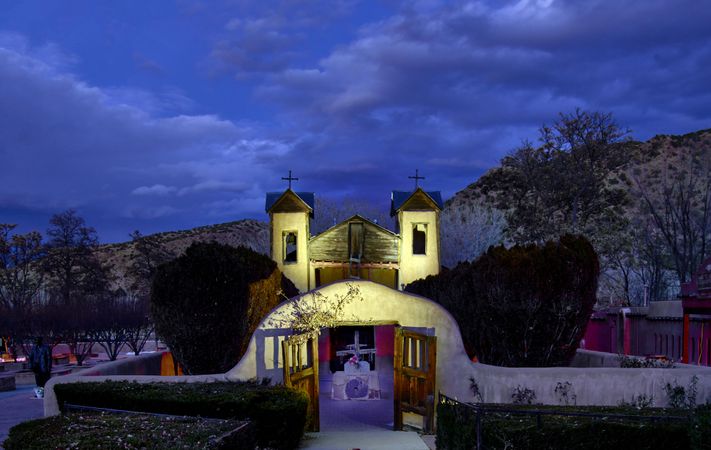 Dusk view of El Santuario de Chimayó, a Roman Catholic church, Chimayó, New Mexico
