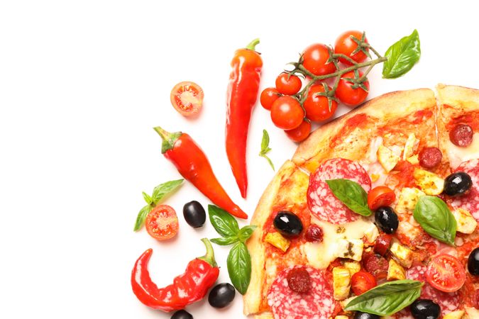 Delicious pizza and ingredients isolated on blank background. Flat lay