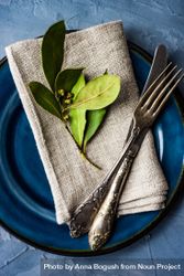 Top view of blue plate table setting with bay leaf and napkin 4Bzjk4