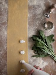 Crop hands squeezing stuffing on ravioli dough near sorrel