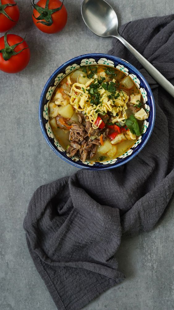 Manpar soup with pasta, traditional soup of middle asia