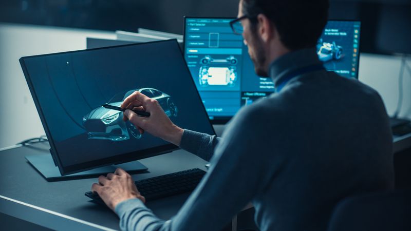 Professional Automotive Graphic Designer is Working on Concept Car Render with a Stylus Pen in a High Tech Innovative Laboratory with a Prototype Car Chassis.