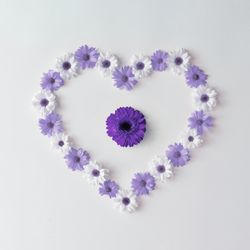 Heart shape made of violet and daisies