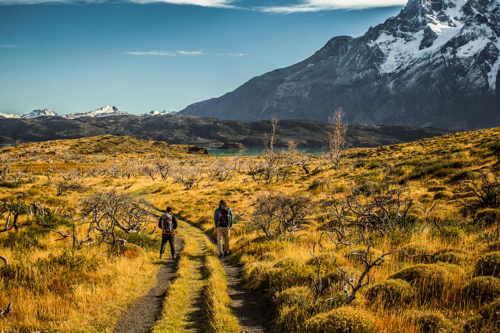 Two men hiking on mountain