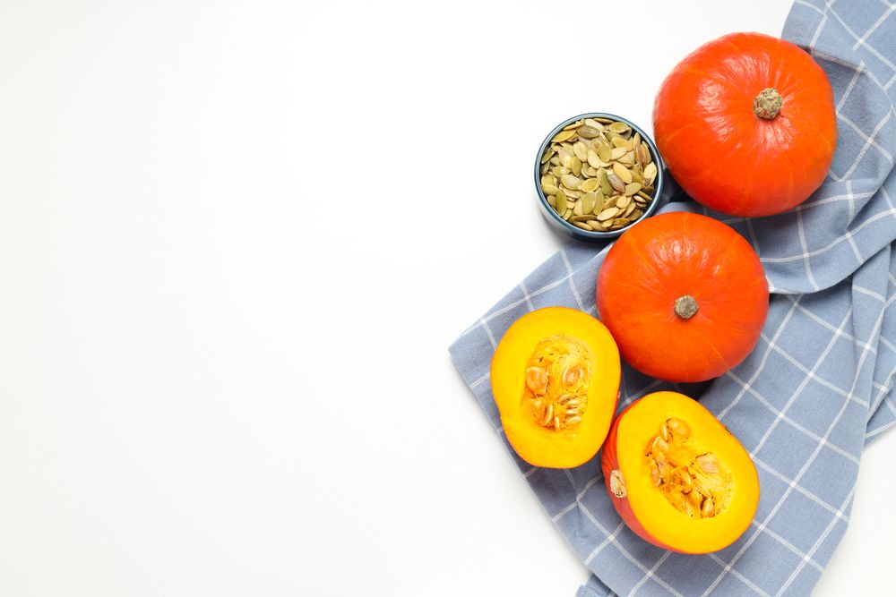 Concept of Autumn vibe food, Pumpkin, Pumpkin seeds, space for text