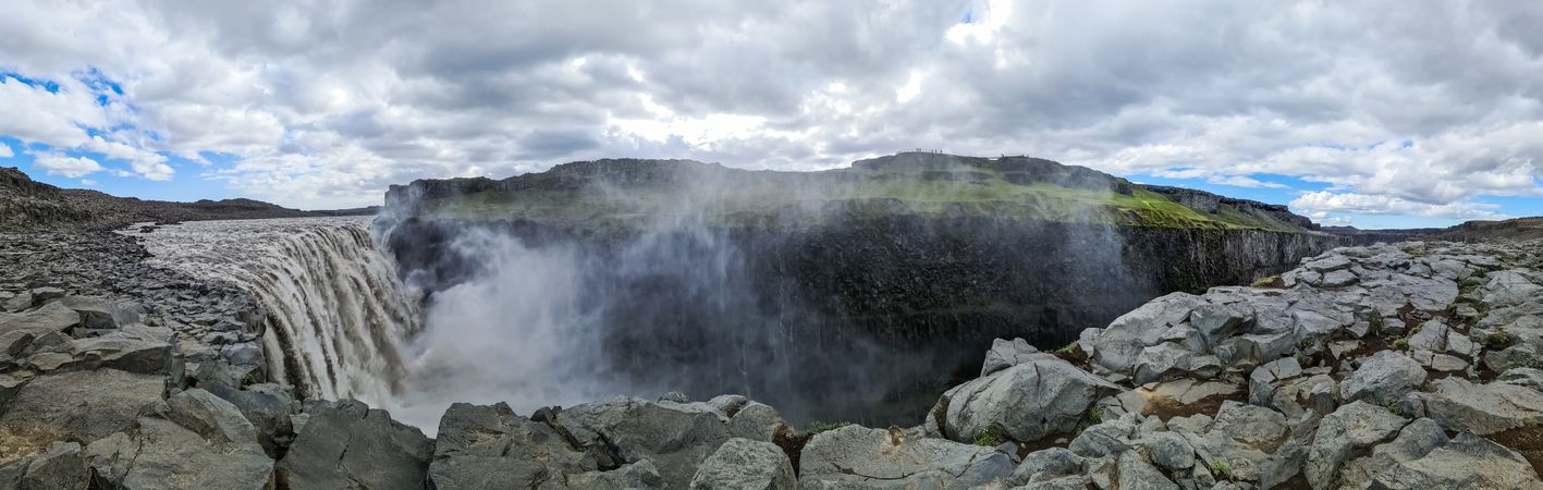 Majestic waterfall cascading over rocky cliffs in iceland