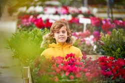 Smiling cute preschool boy sitting in blooming botanical garden