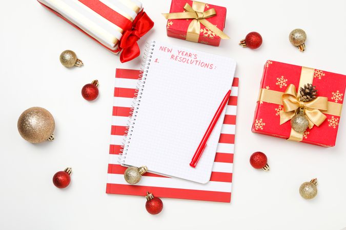 Concept of New Year Resolutions list, new year goals, top view