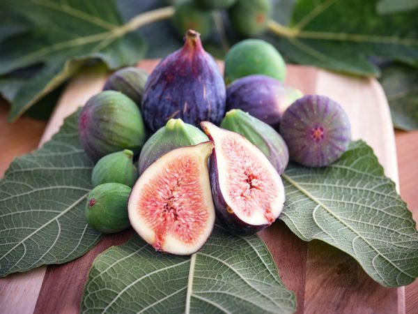 Figs and leaves on wooden cutting boards