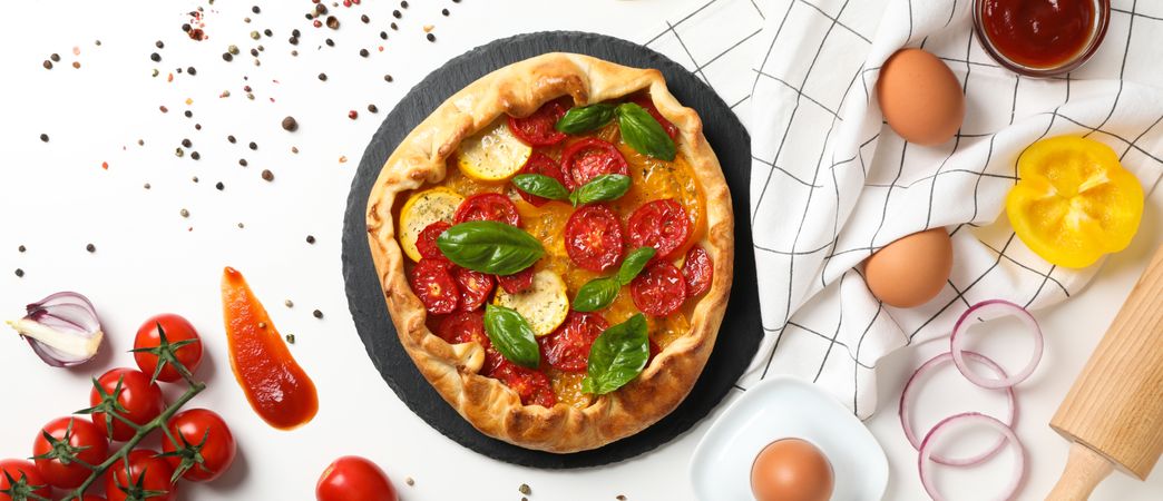 Concept of tasty food, Vegetable galette, top view