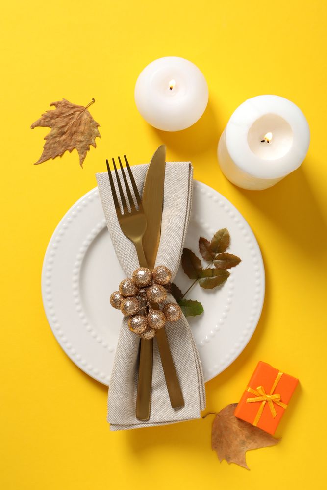 Concept of Thanksgiving day, Autumn table setting, top view