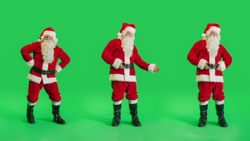Studio Shot Isolated Mockup Template: Jolly Santa Claus Dancing On Green Screen Chromakey Background, Celebrating Christmas, New Years, Holiday Season. Happy And Joyful Celebration