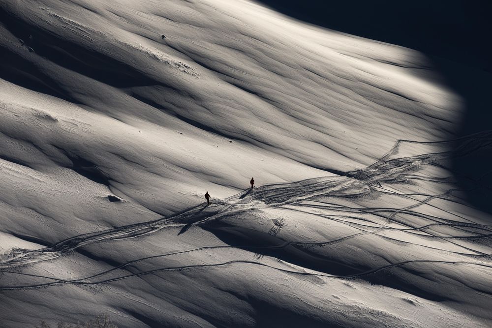 Grayscale photo of two people skiing on snow