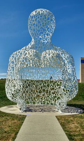 Spanish artist Jaume Plensa's "Nomade" sculpture in Des Moines, Iowa