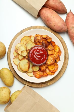 Concept of tasty food, fried sweet potato, top view