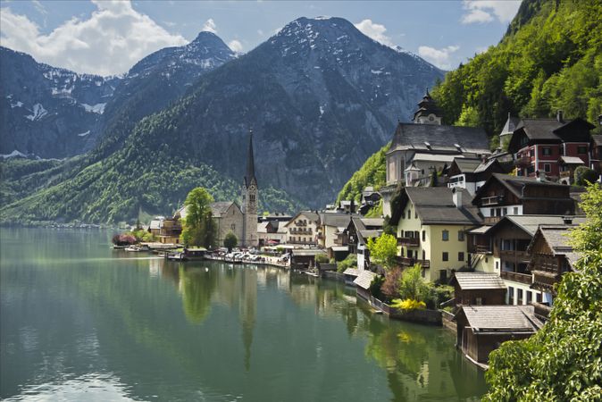 Town near lake and mountain in Hallstatt, Upper Austria, Austria