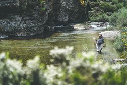 Confident man fishing with rod while standing in river stream