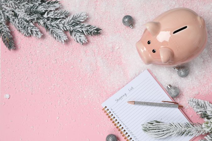 Piggy bank, balls, notepad with pen on pink background, space for text
