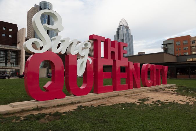 The “Sing the Queen City” aluminum sculpture was placed in Freedom Park, Cincinnati, Ohio