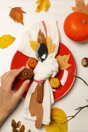 Spoon in towel on plate, leaves and hand on blank background, top view