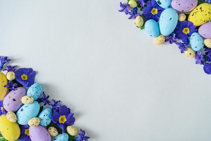 Easter eggs and purple flowers and leaves