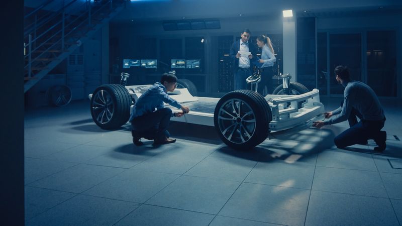 Team of Automotive Engineers Discussing and Designing Electric Car Platform Chassis Prototype, Taking Measures, Working with 3D CAD Software, Checking Quality Control.