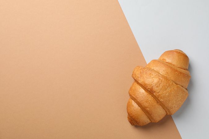 Freshly baked croissant on nude two tone background, top view, copy space