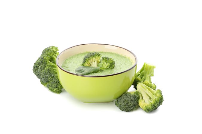 Broccoli soup with ingredients in bright table