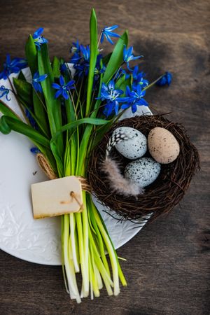 Easter table setting with scilla flowers, nest and eggs