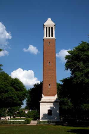Red brick Denny Chimes bell tower at University of Alabama in Tuscaloosa