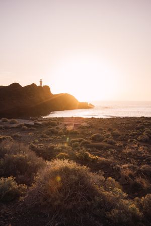 Rocky coastline at bright sunset