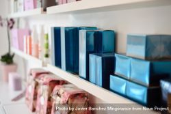 Boxes of beauty products in salon 0KerY4