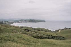 Idyllic countryside on seashore with green fields
