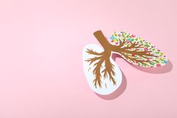 Lung paper shape with painted bronchi and flowers on pink background with copy space