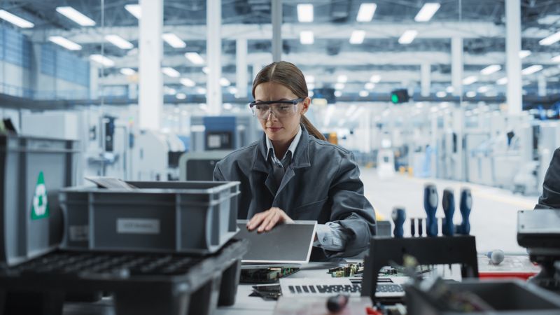 Female Worker Disassembling Old Laptops To Recycle Electronic Components For Sustainable Production At Electronics Factory.
