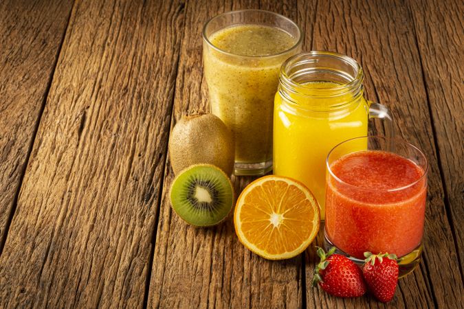 Variety of fruit juices. Fruit smoothies.